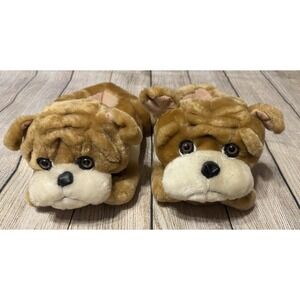 Vintage 80's Plush Dog Slippers Brown White Non Skid Bottom Wmns Sz 10 - 11